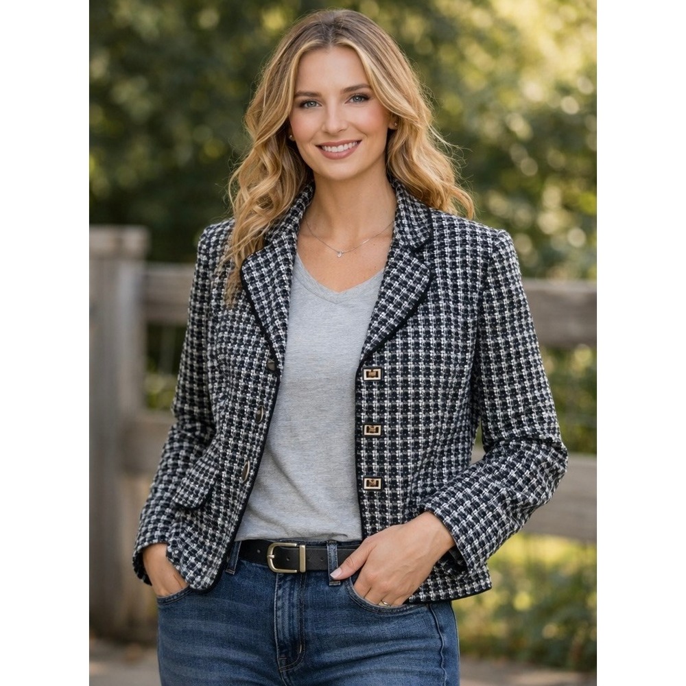 00779 Evan Picone Petite Black Navy White Plaid Blazer Jacket 10P PreOwned - Picture 10 of 15